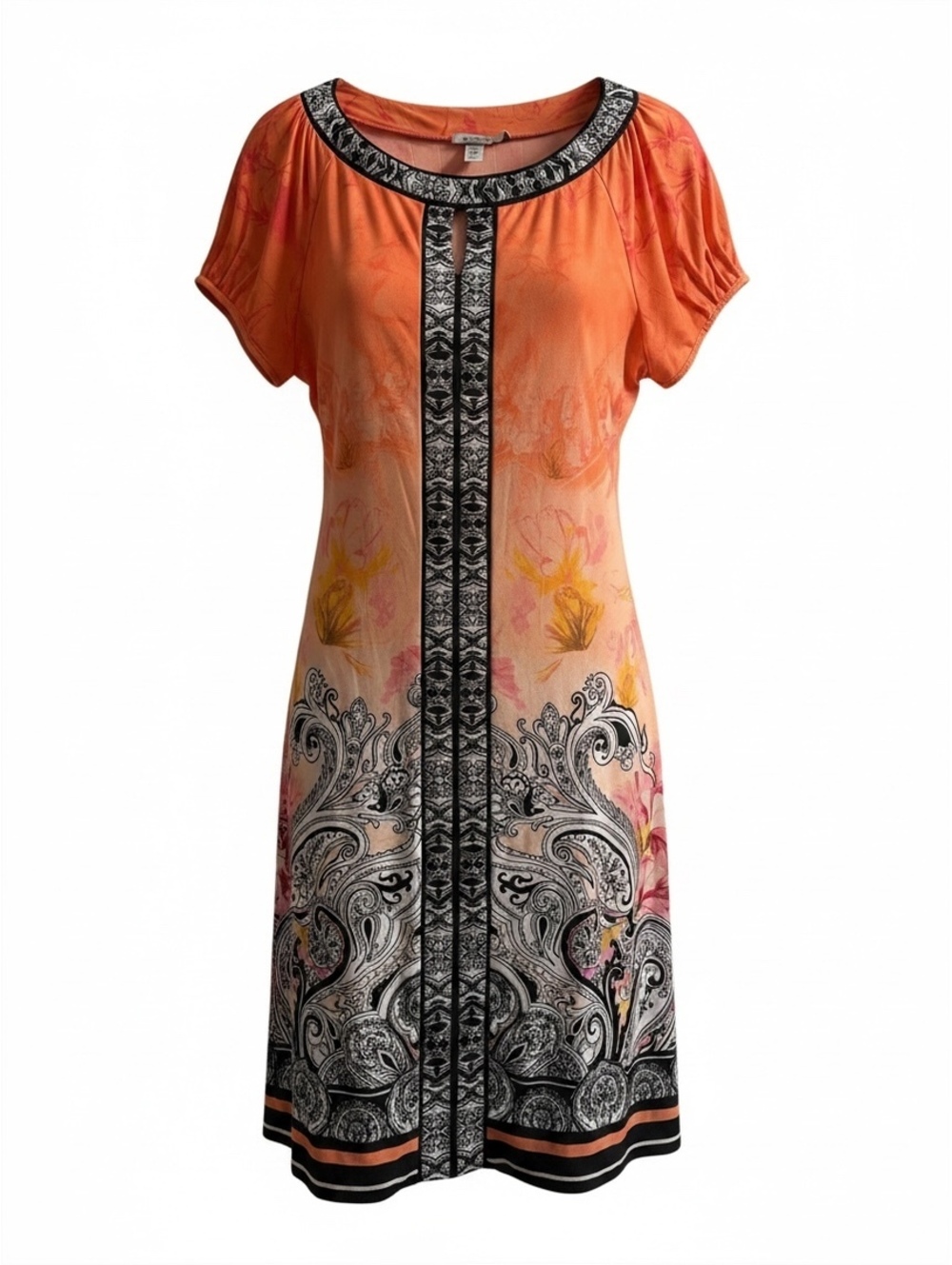 Beige by eci Orange and Black Patterned Short Sleeve Dress Size 14